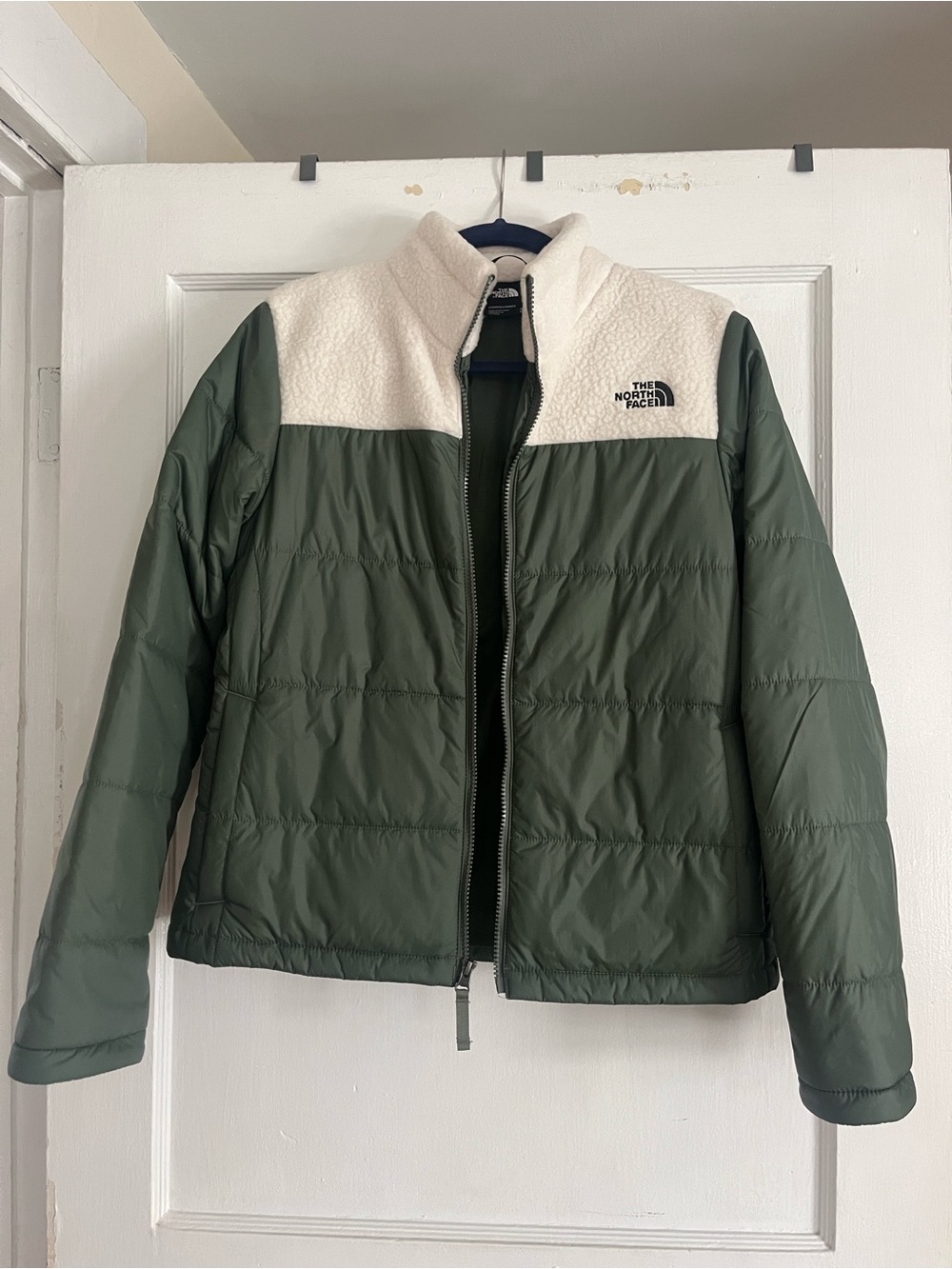 The North Face Olive Green Puffer Jacket with Cream Sherpa Yoke